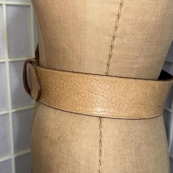 Vintage Sandy Duftler Y2K 90s Tan Leather Chunky Buckle Statement Belt 25-28” XS main image 5